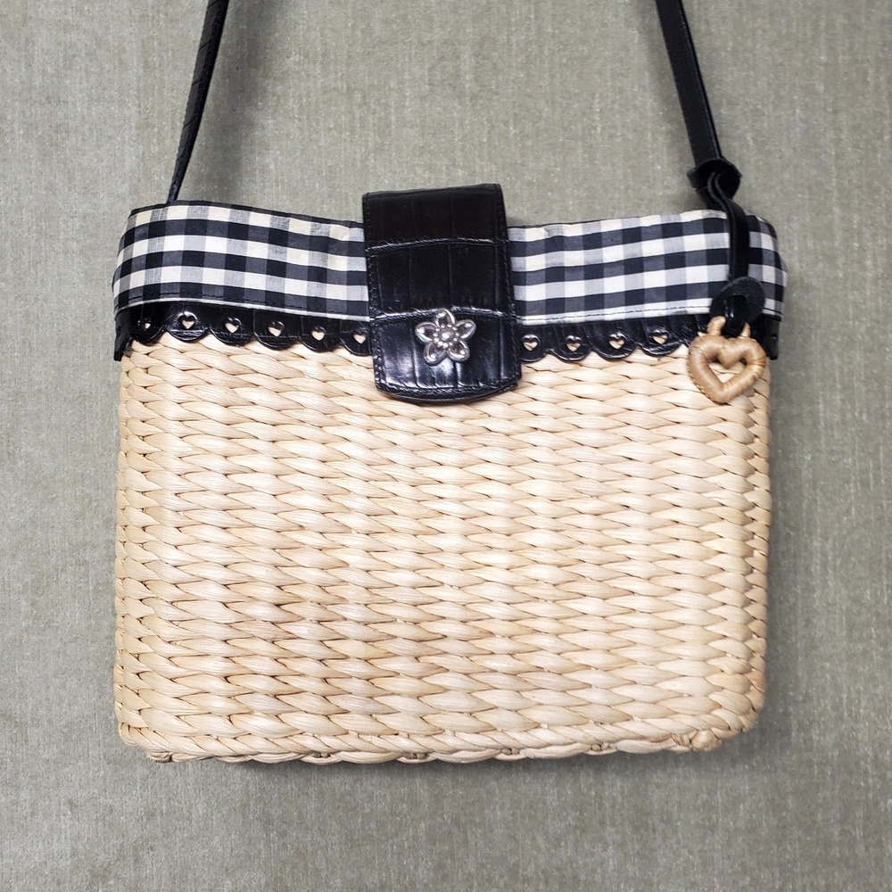 Brighton Vintage Straw Gingham Crossbody Bag Black White Hearts Woven Basket